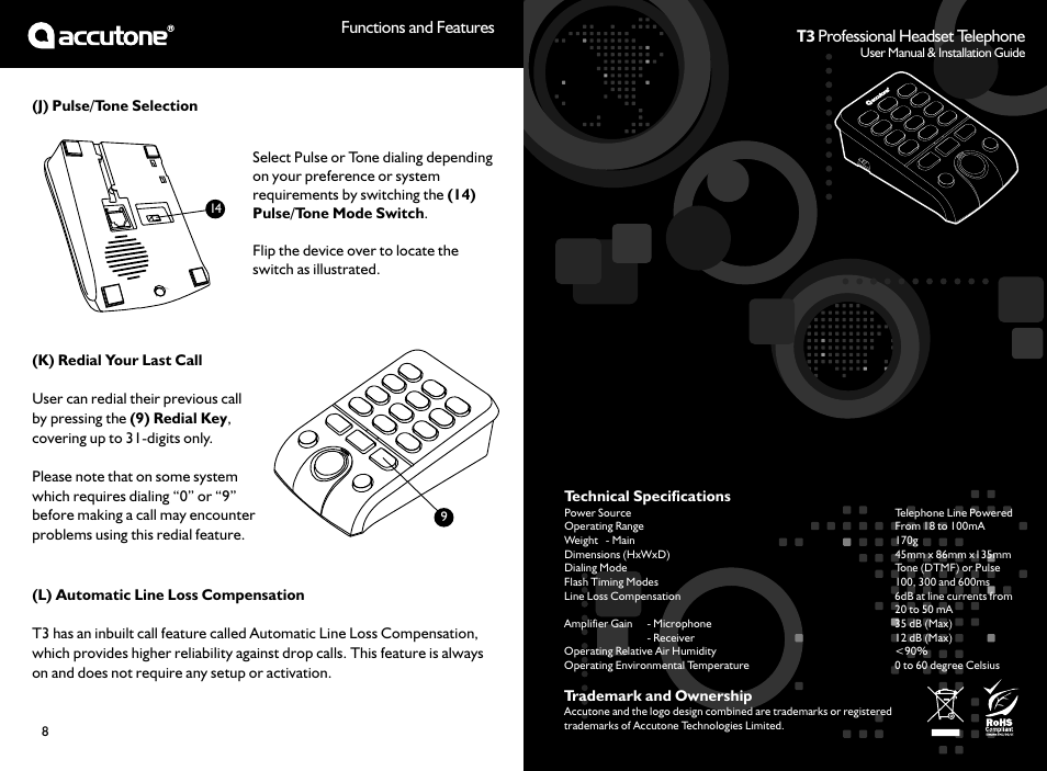 Functions and features, T3 professional headset telephone | Accutone T3 User Manual | Page 6 / 6