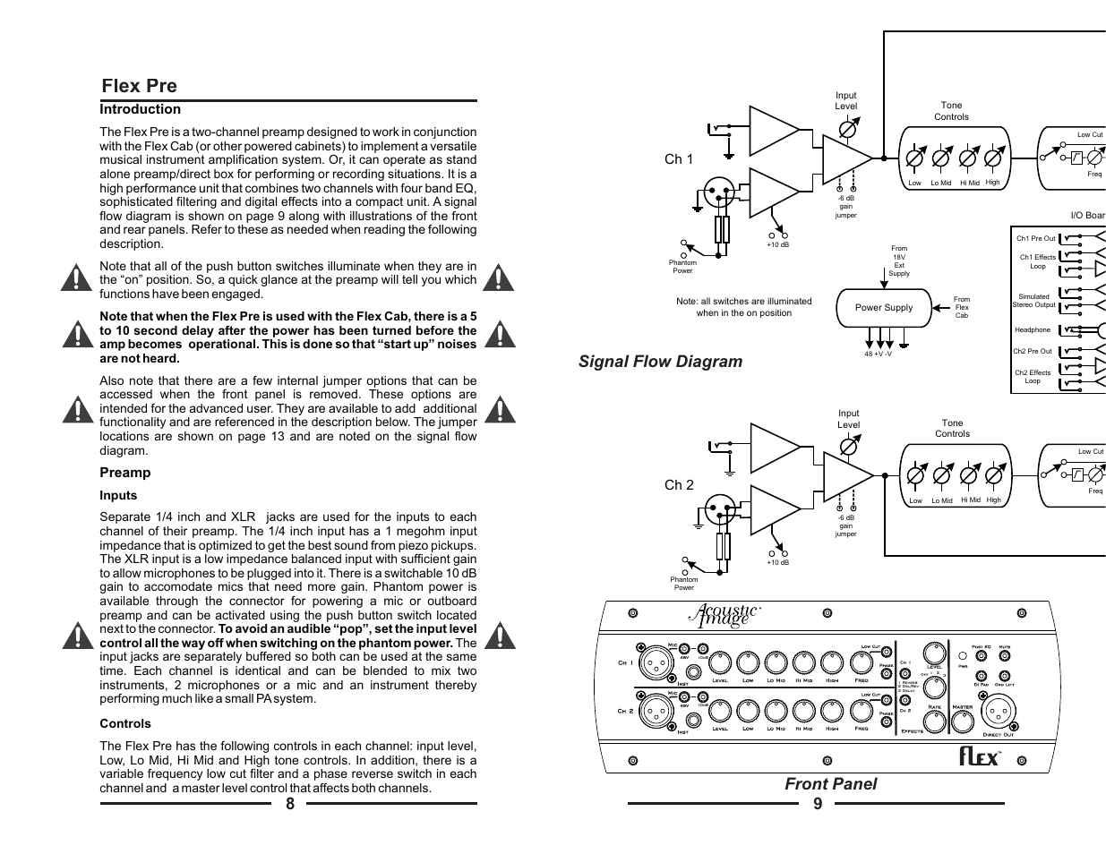 Flex pre, Signal flow diagram 9, Front panel | Introduction preamp, Ch 1 ch 2 | Acoustic Image Flex User Manual | Page 6 / 12