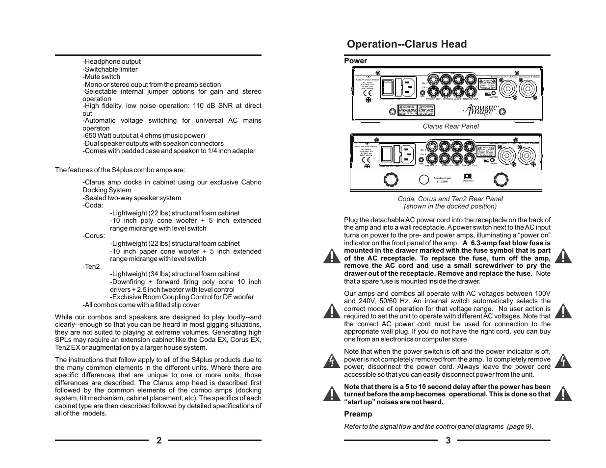 Operation--clarus head, Power preamp | Acoustic Image S4Plus User Manual | Page 3 / 12