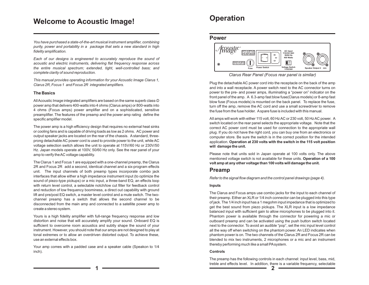 Welcome to acoustic image, Operation, 2power preamp | Acoustic Image Series III User Manual | Page 3 / 8