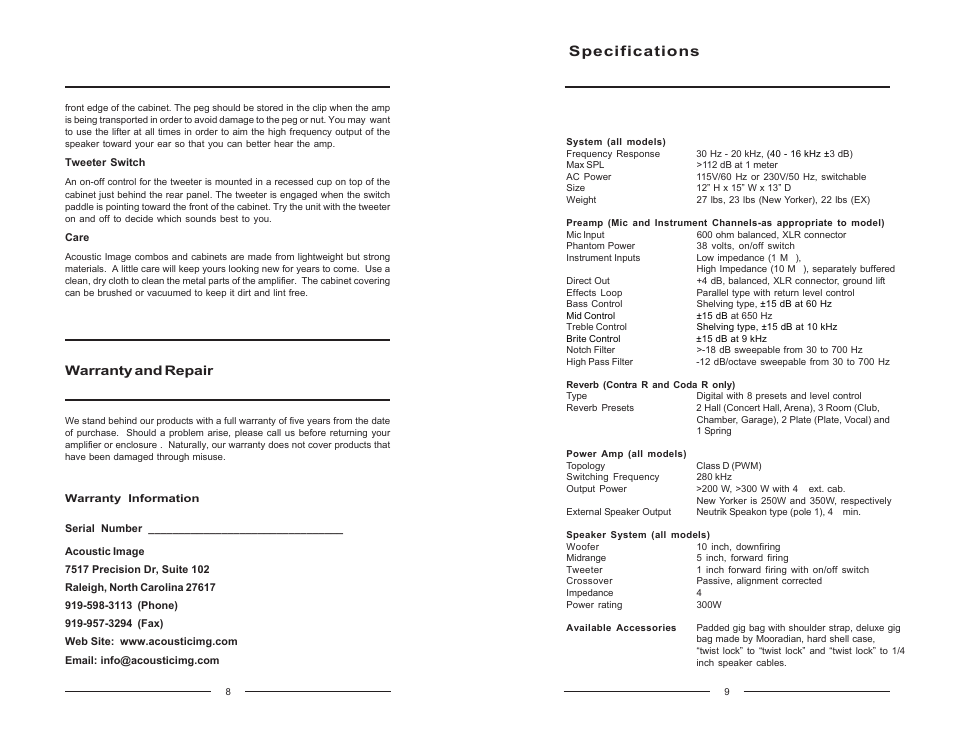 Specifications, Warranty and repair | Acoustic Image Series II User Manual | Page 6 / 6