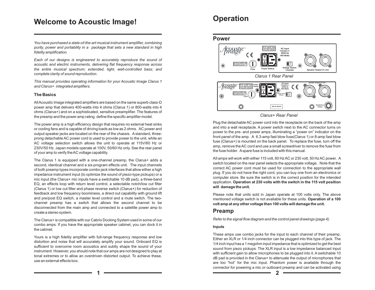 Welcome to acoustic image, Operation, 2power preamp | Acoustic Image + Models User Manual | Page 3 / 8