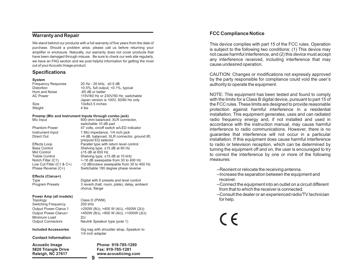 Warranty and repair, Specifications, Fcc compliance notice | Acoustic Image + Models User Manual | Page 7 / 8