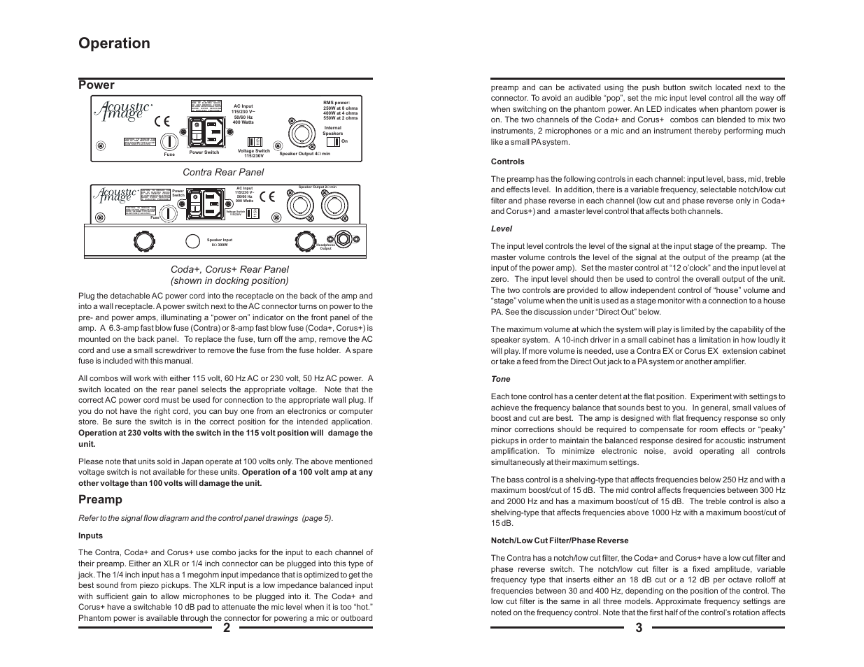 Operation, Power preamp | Acoustic Image + Models User Manual | Page 3 / 8