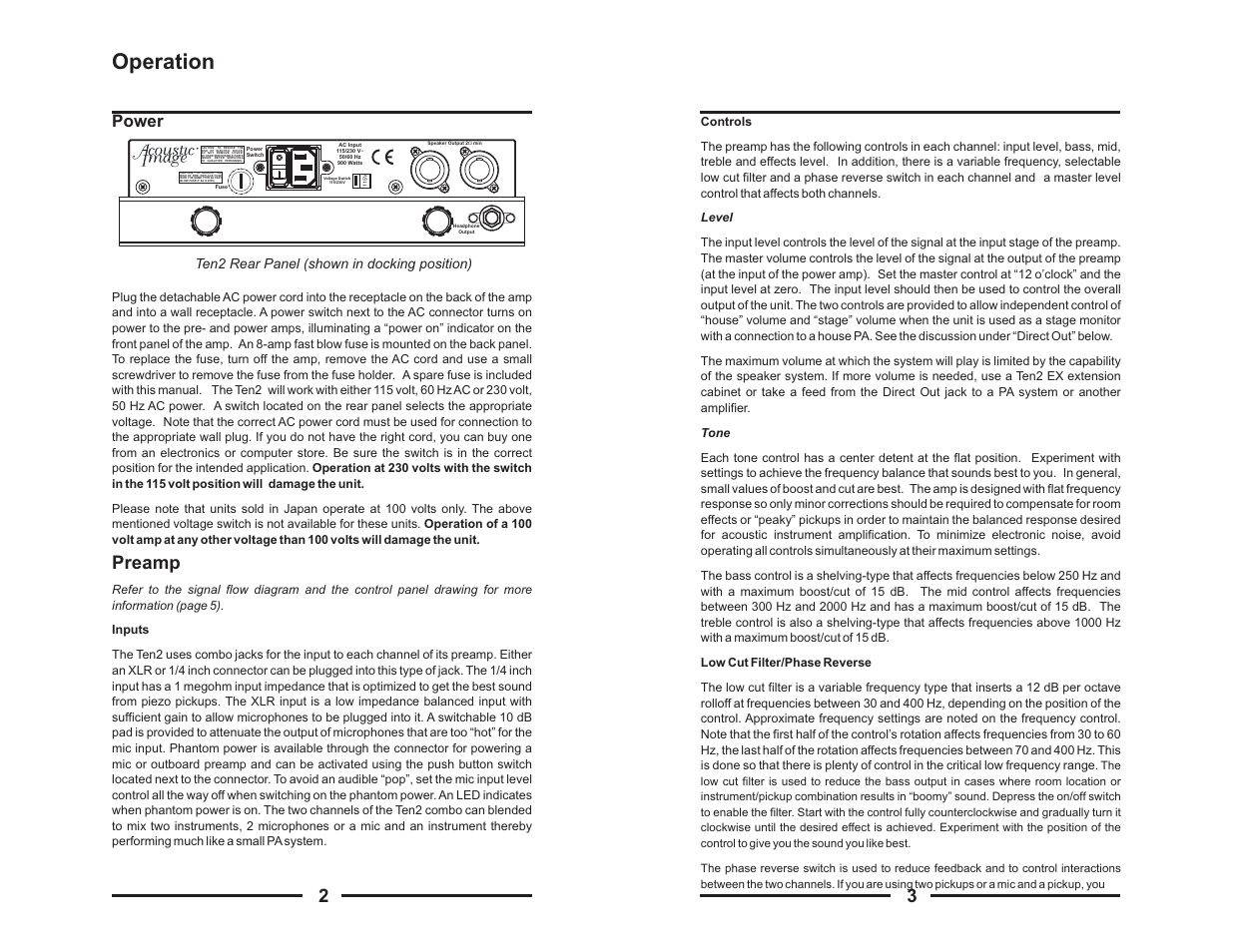 Operation, Preamp, Power | Acoustic Image Ten 2 User Manual | Page 3 / 8