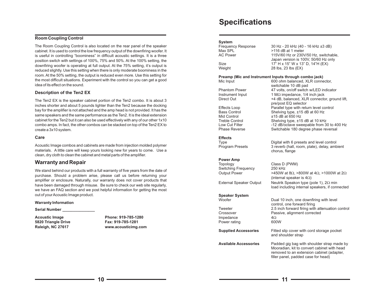 Specifications, Warranty and repair | Acoustic Image Ten 2 User Manual | Page 7 / 8