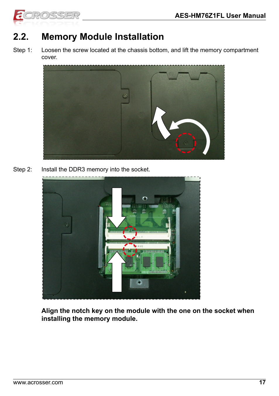 Memory module installation | Acrosser AES-HM76Z1FL User Manual | Page 17 / 58