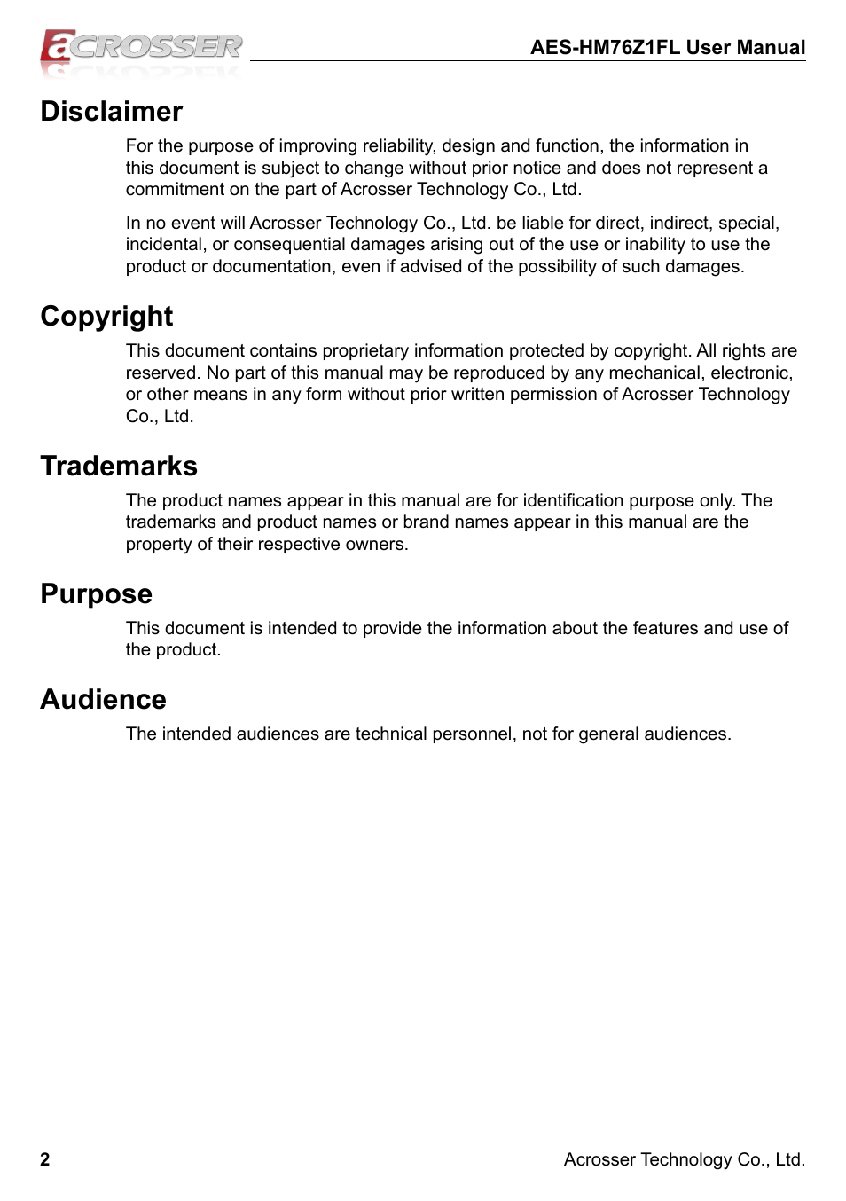 Disclaimer, Copyright, Trademarks | Purpose, Audience | Acrosser AES-HM76Z1FL User Manual | Page 2 / 58