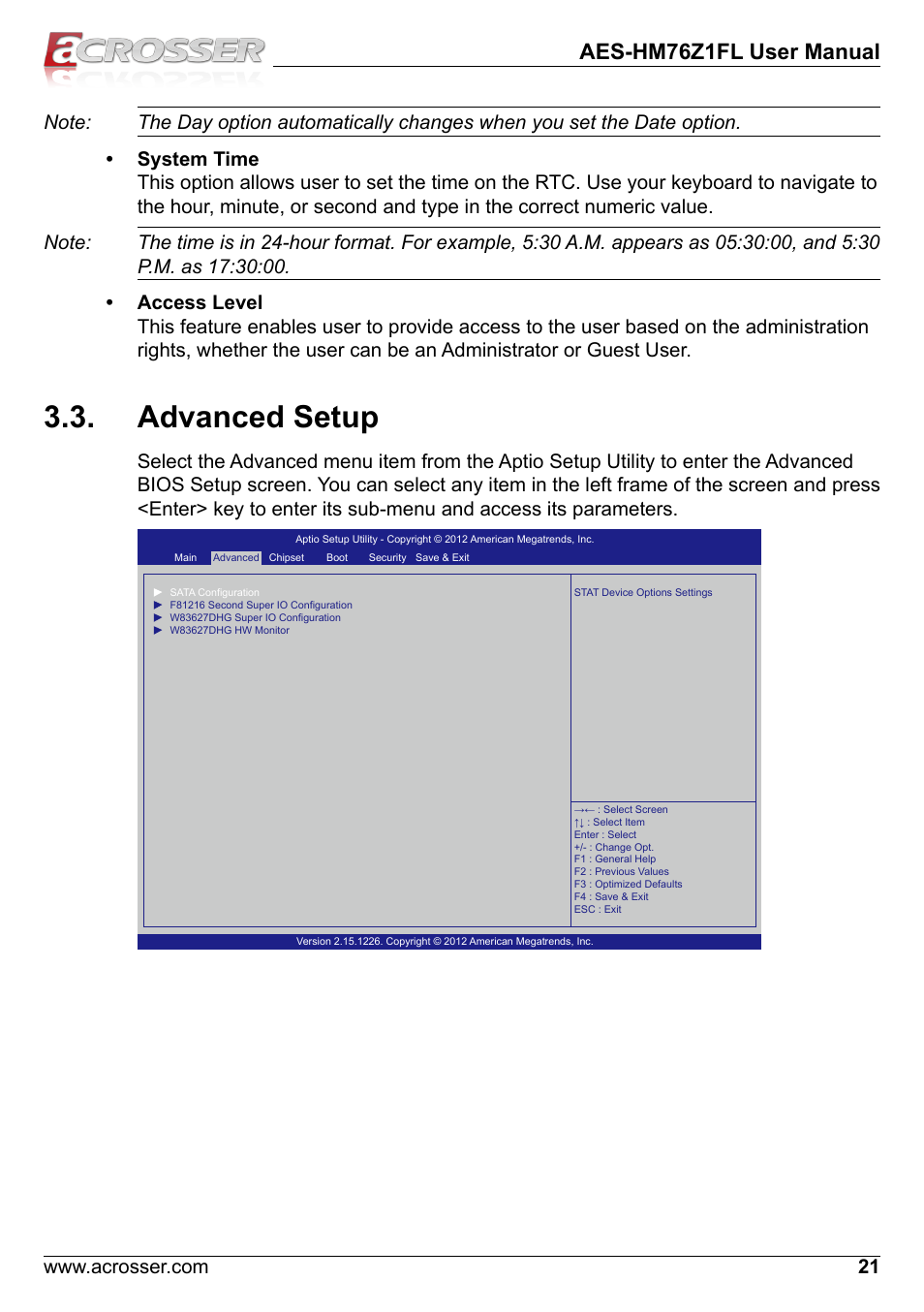 Advanced setup, Aes-hm76z1fl user manual | Acrosser AES-HM76Z1FL User Manual | Page 21 / 58