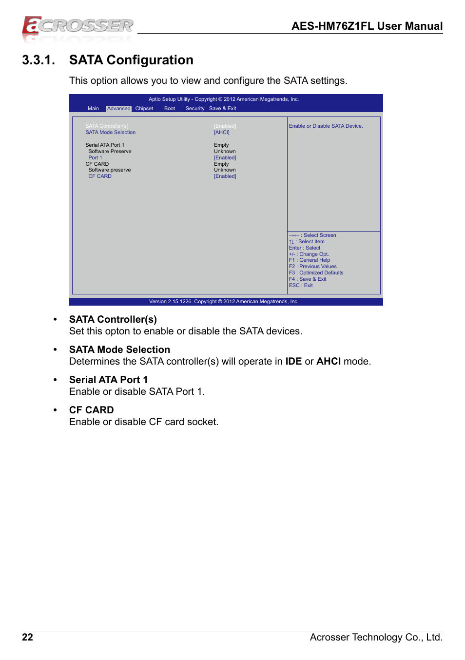 Sata configuration, Aes-hm76z1fl user manual, 22 acrosser technology co., ltd | Acrosser AES-HM76Z1FL User Manual | Page 22 / 58