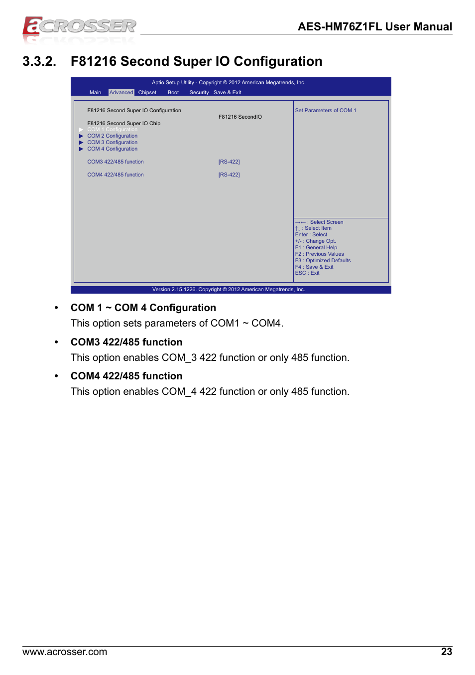 F81216 second super io configuration, Aes-hm76z1fl user manual | Acrosser AES-HM76Z1FL User Manual | Page 23 / 58
