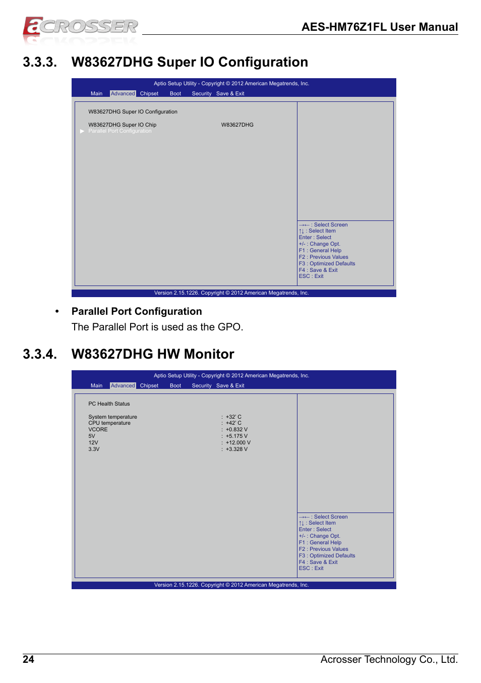 W83627dhg super io configuration, W83627dhg hw monitor, Aes-hm76z1fl user manual | 24 acrosser technology co., ltd | Acrosser AES-HM76Z1FL User Manual | Page 24 / 58