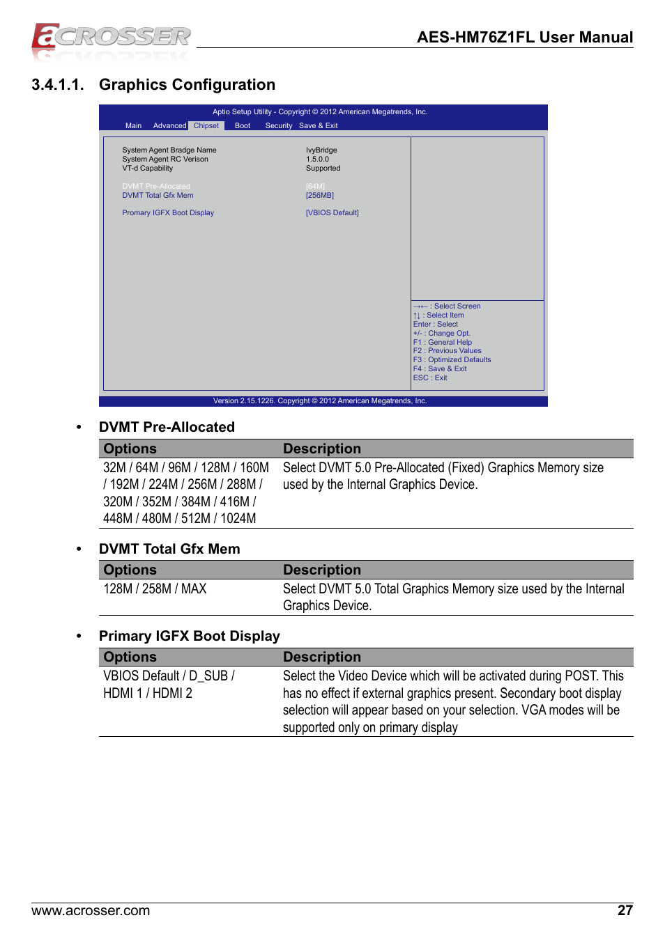 Graphics configuration, Aes-hm76z1fl user manual | Acrosser AES-HM76Z1FL User Manual | Page 27 / 58