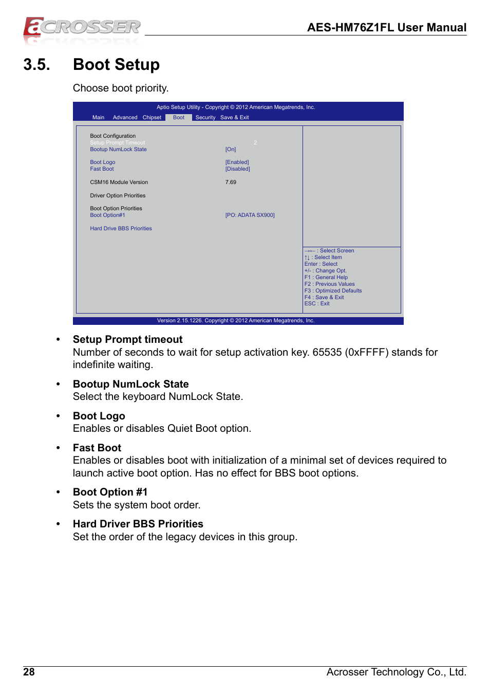 Boot setup, Aes-hm76z1fl user manual, 28 acrosser technology co., ltd | Choose boot priority | Acrosser AES-HM76Z1FL User Manual | Page 28 / 58