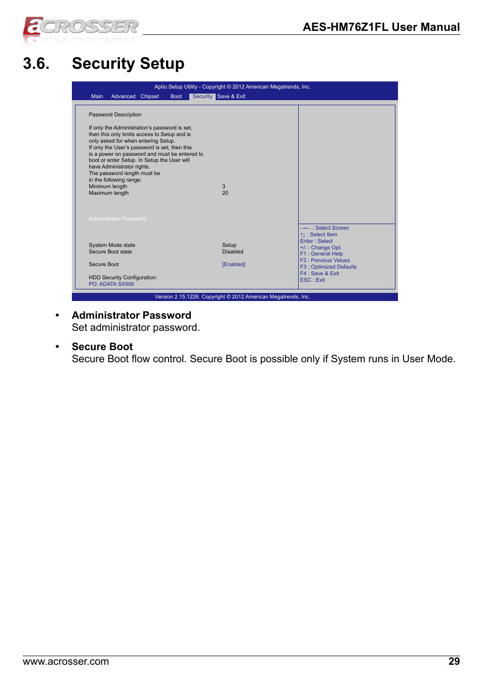 Security setup, Aes-hm76z1fl user manual | Acrosser AES-HM76Z1FL User Manual | Page 29 / 58
