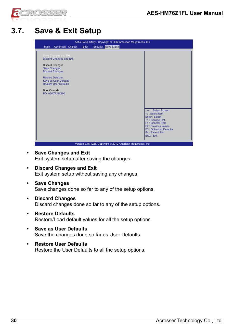 Save & exit setup, Aes-hm76z1fl user manual, 30 acrosser technology co., ltd | Acrosser AES-HM76Z1FL User Manual | Page 30 / 58