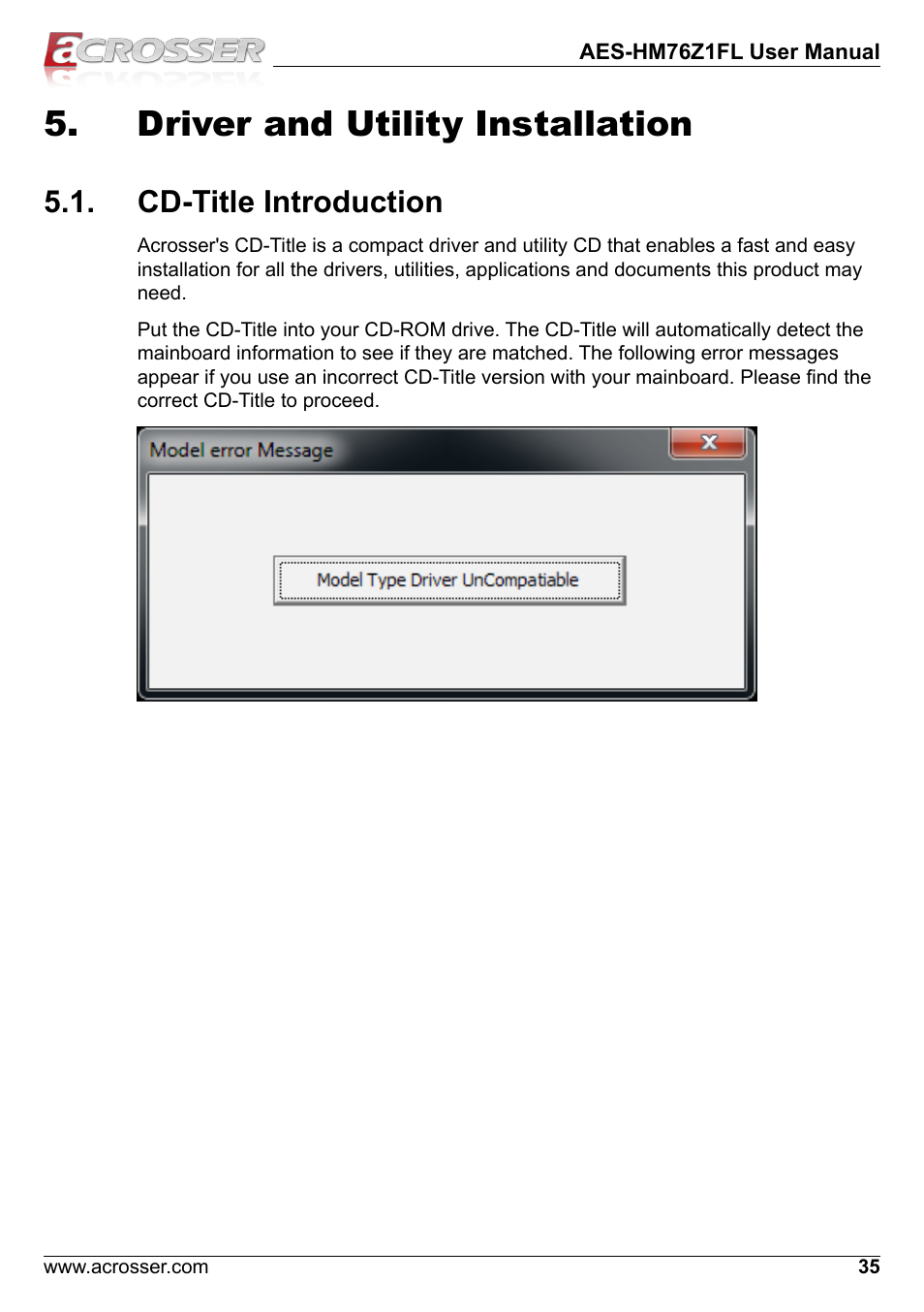 Driver and utility installation, Cd-title introduction | Acrosser AES-HM76Z1FL User Manual | Page 35 / 58