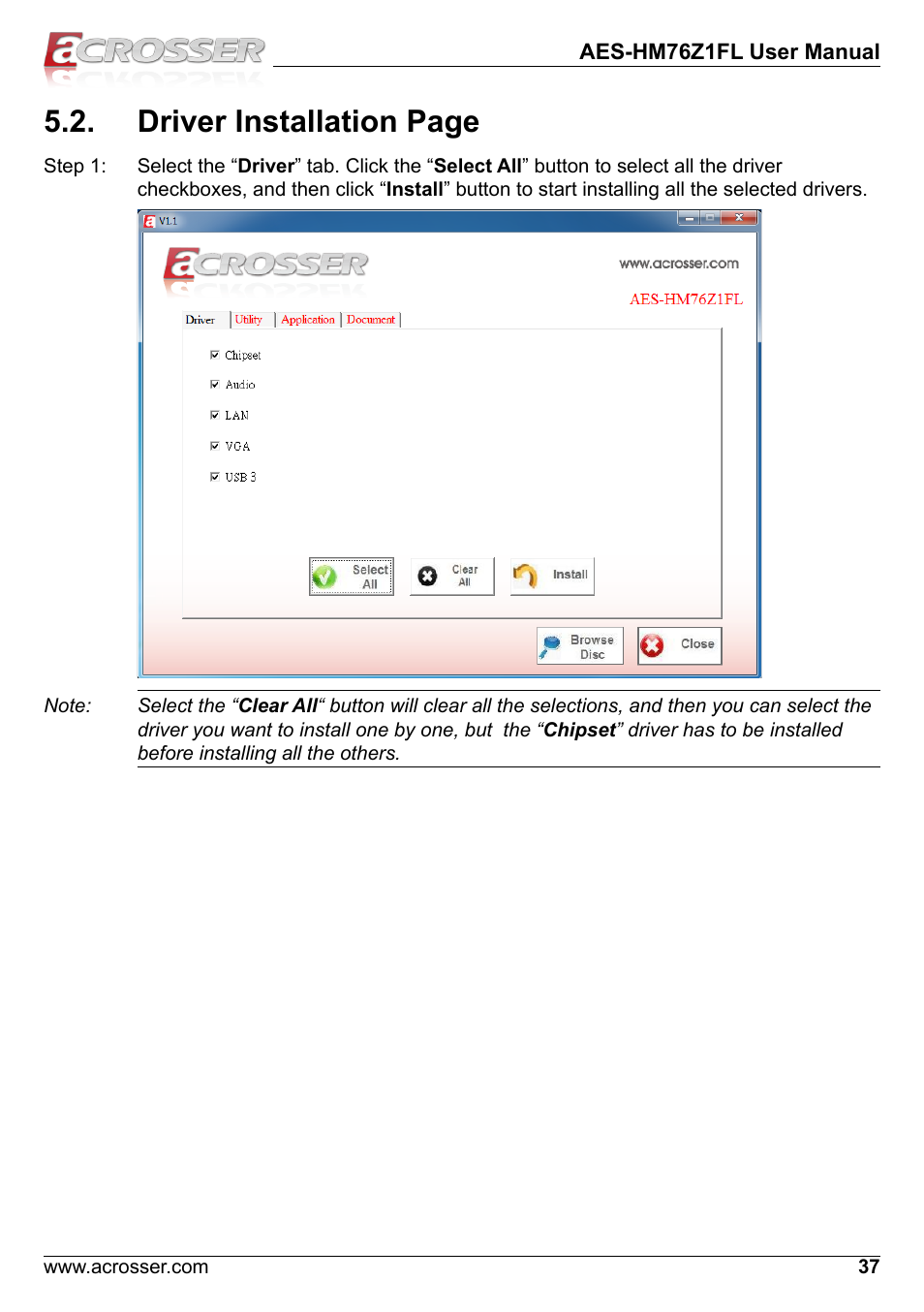 Driver installation page | Acrosser AES-HM76Z1FL User Manual | Page 37 / 58