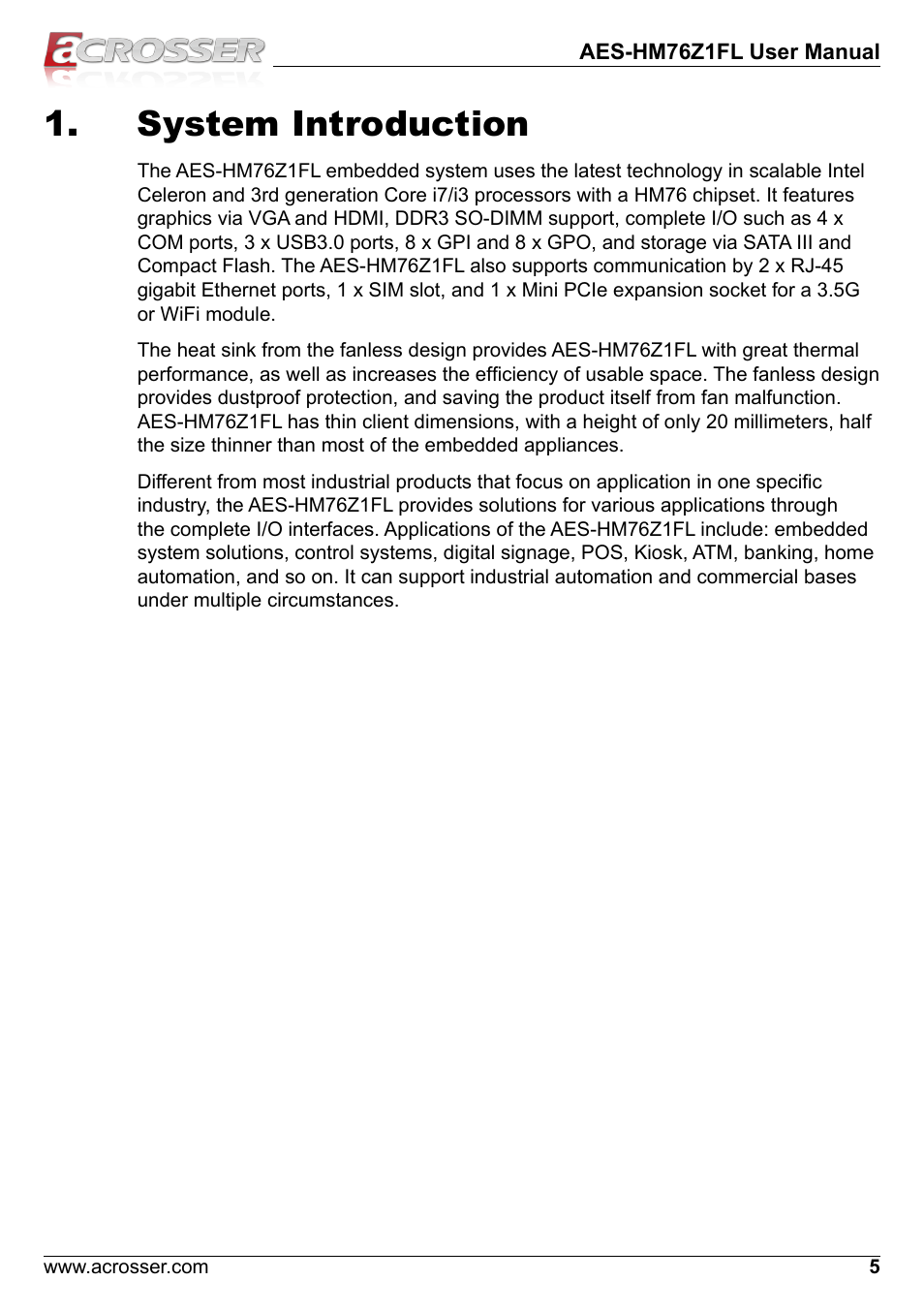 System introduction | Acrosser AES-HM76Z1FL User Manual | Page 5 / 58