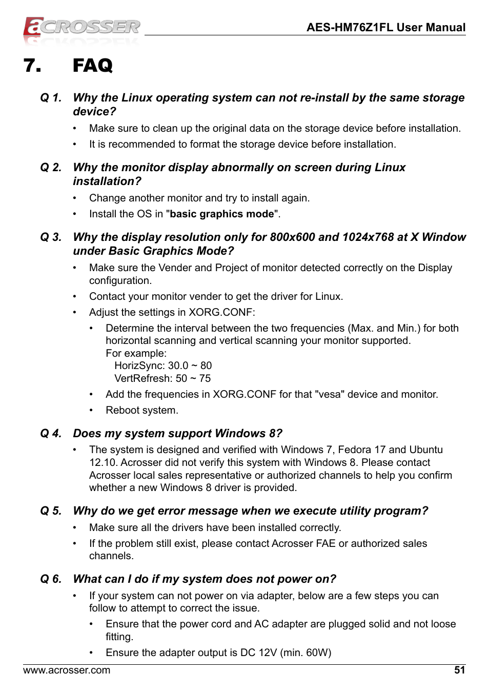 Q 4. does my system support windows 8, Q 6. what can i do if my system does not power on, Basic graphics mode | Acrosser AES-HM76Z1FL User Manual | Page 51 / 58