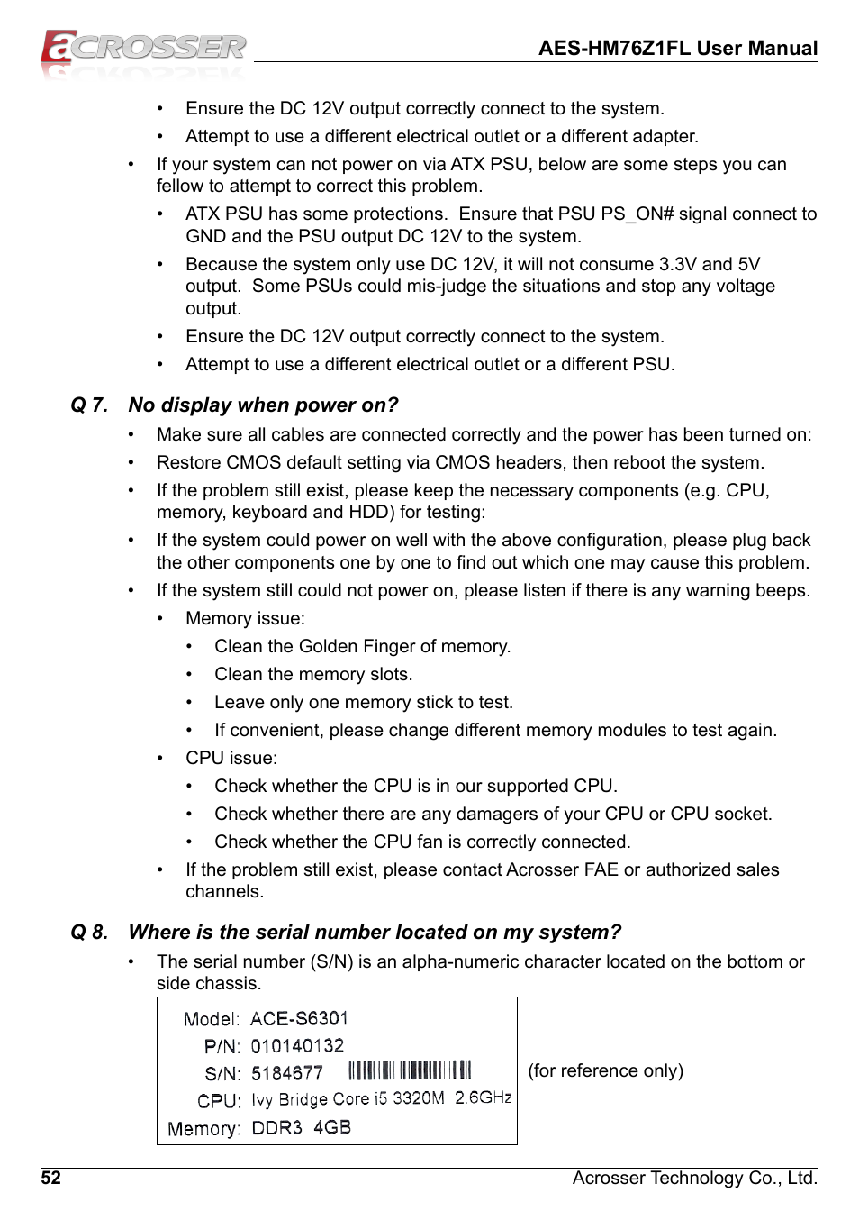 Q 7. no display when power on | Acrosser AES-HM76Z1FL User Manual | Page 52 / 58