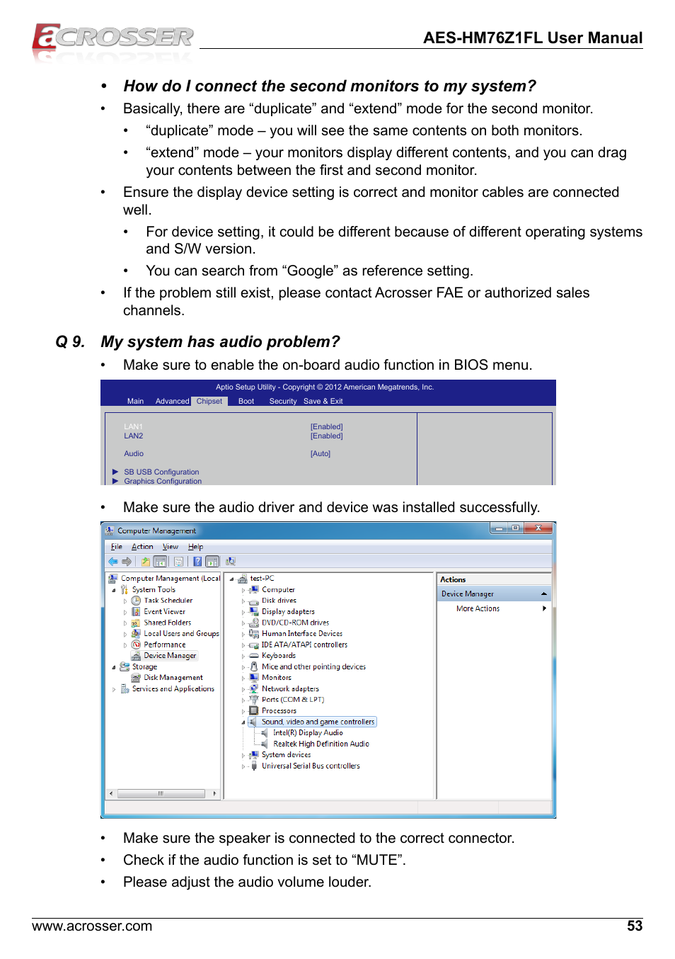 Q 9. my system has audio problem, Aes-hm76z1fl user manual, How do i connect the second monitors to my system | Acrosser AES-HM76Z1FL User Manual | Page 53 / 58