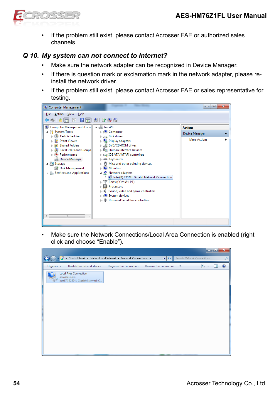 Q 10. my system can not connect to internet | Acrosser AES-HM76Z1FL User Manual | Page 54 / 58