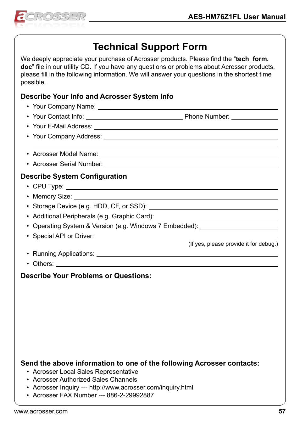 Technical support form | Acrosser AES-HM76Z1FL User Manual | Page 57 / 58