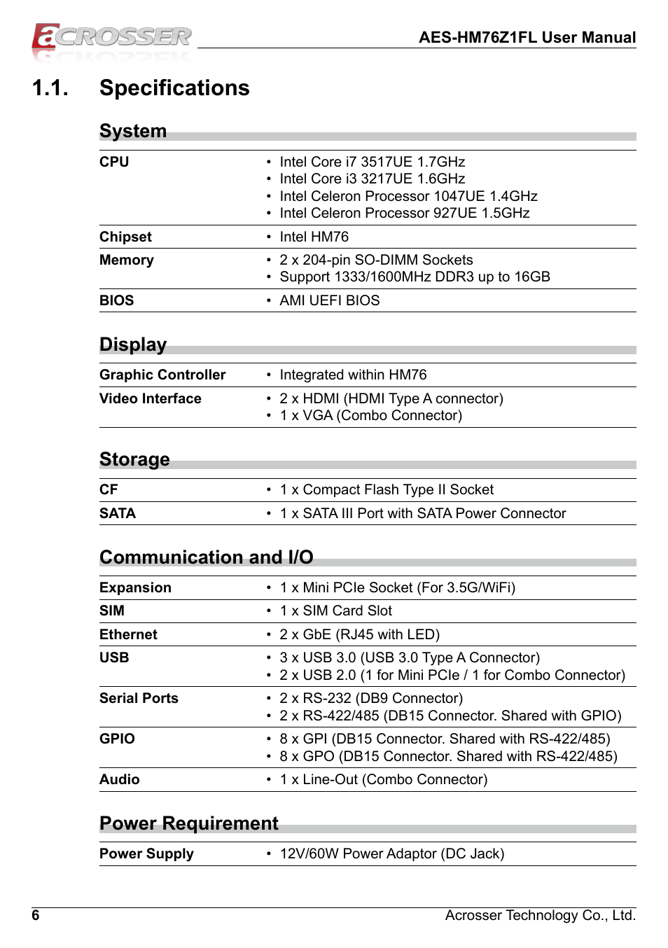 Specifications, System, Display | Storage, Communication and i/o, Power requirement | Acrosser AES-HM76Z1FL User Manual | Page 6 / 58