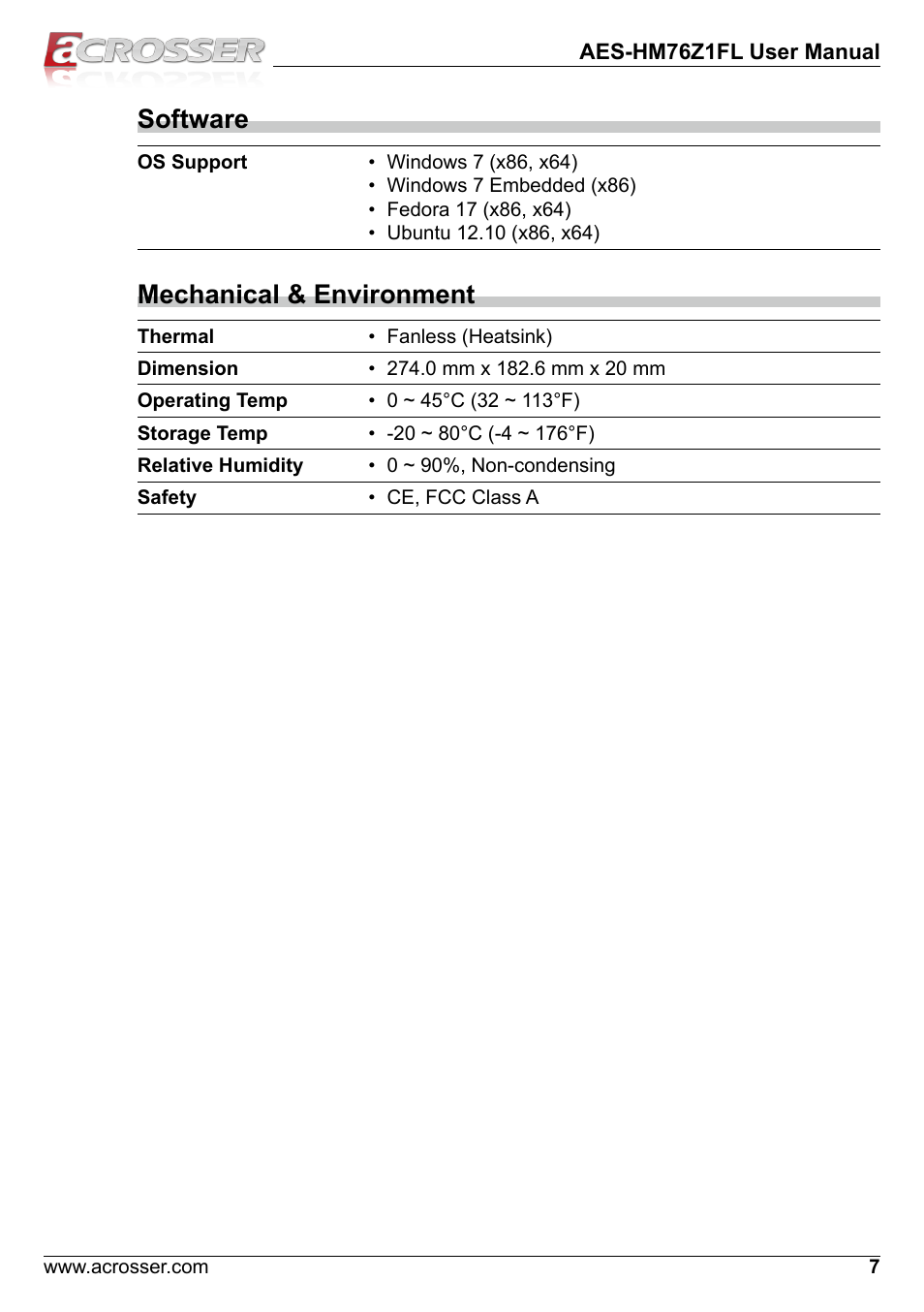 Software, Mechanical & environment | Acrosser AES-HM76Z1FL User Manual | Page 7 / 58