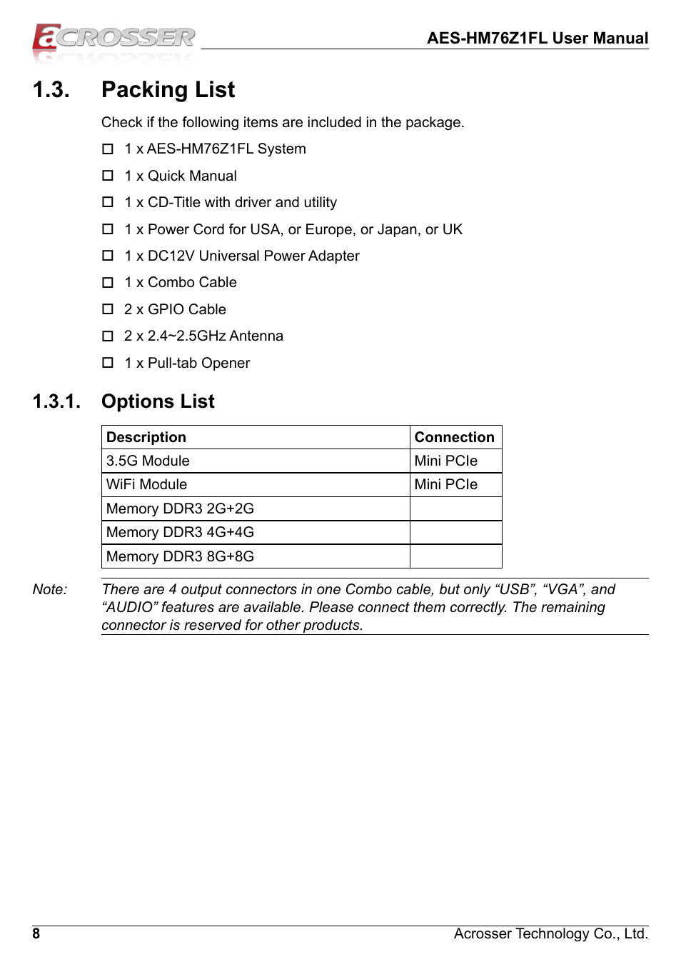 Packing list, Options list | Acrosser AES-HM76Z1FL User Manual | Page 8 / 58