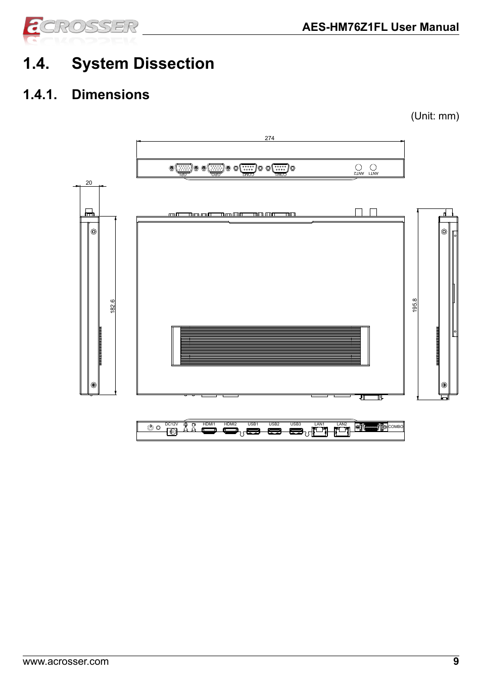 System dissection, Dimensions, Aes-hm76z1fl user manual | Unit: mm) | Acrosser AES-HM76Z1FL User Manual | Page 9 / 58