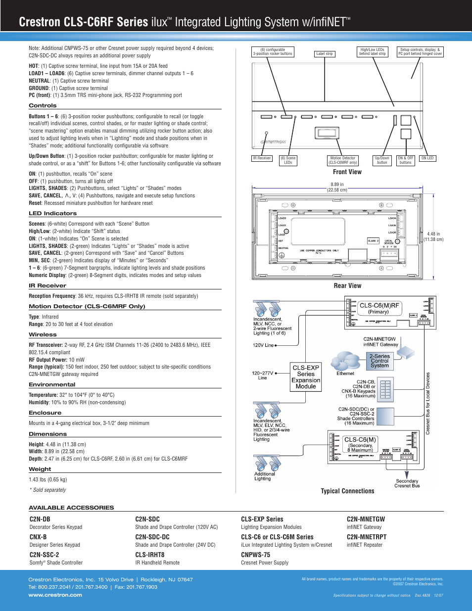 Crestron cls-c6rf series ilux, Integrated lighting system w/infinet | Crestron electronic iLux CLS-C6RF Series User Manual | Page 2 / 2