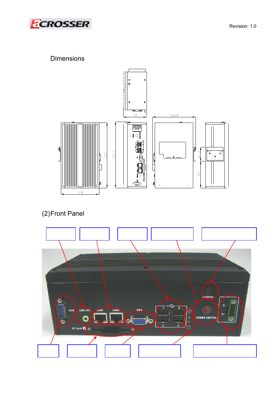 Dimensions, 2) front panel, 3)system configuration | Acrosser AR-ES6050FLD User Manual | Page 4 / 44