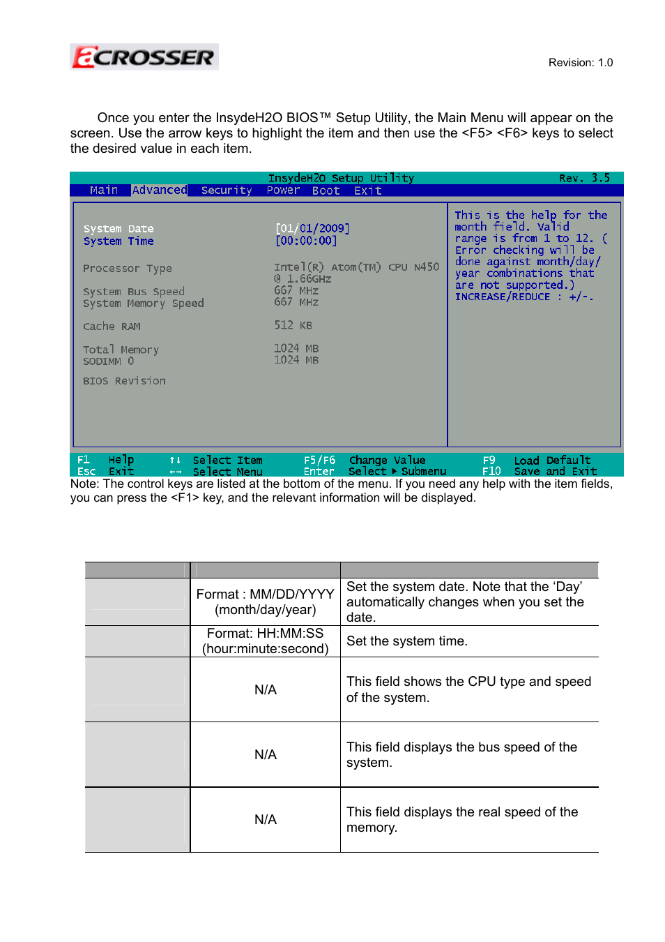 System date, System time, Processor type | System bus speed, System memory speed | Acrosser AR-ES6050FLD-W User Manual | Page 27 / 45