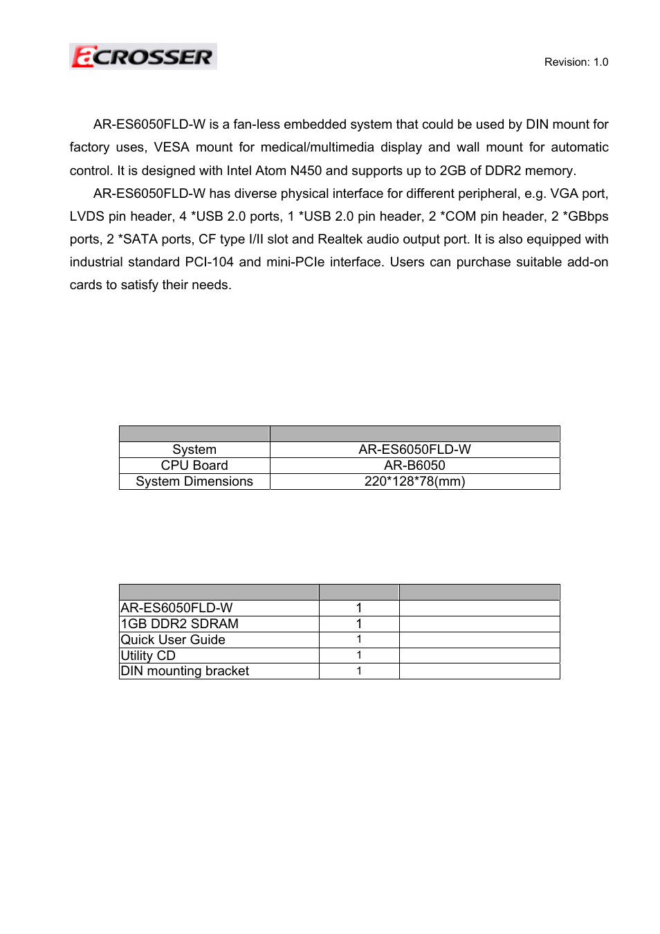 1 specifications, Item, 2 packing list | Description, Introduction to ar-es6050fld-w | Acrosser AR-ES6050FLD-W User Manual | Page 3 / 45