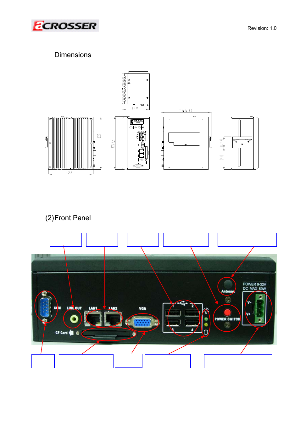 3 system dissection, Dimensions, 2) front panel | Acrosser AR-ES6050FLD-W User Manual | Page 4 / 45