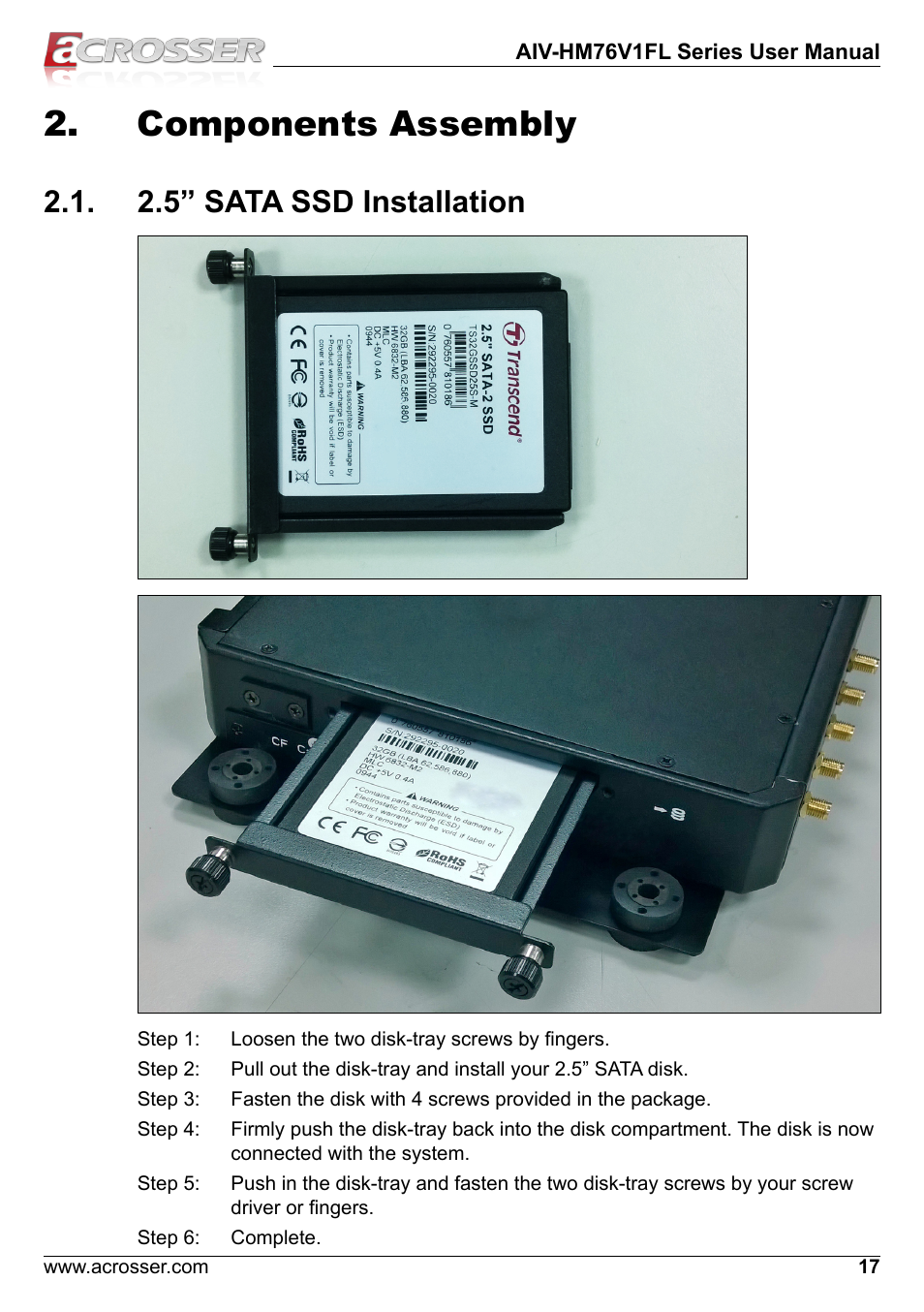 Components assembly, 2.5” sata ssd installation | Acrosser AIV-HM76V1FL User Manual | Page 17 / 71