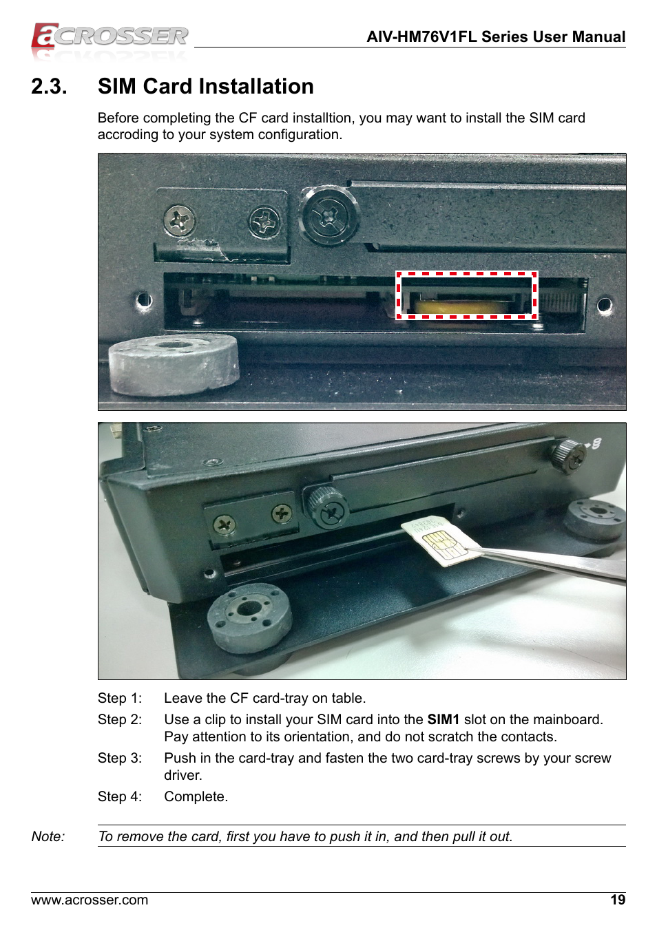 Sim card installation | Acrosser AIV-HM76V1FL User Manual | Page 19 / 71