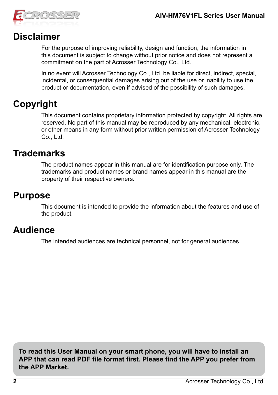Disclaimer, Copyright, Trademarks | Purpose, Audience | Acrosser AIV-HM76V1FL User Manual | Page 2 / 71