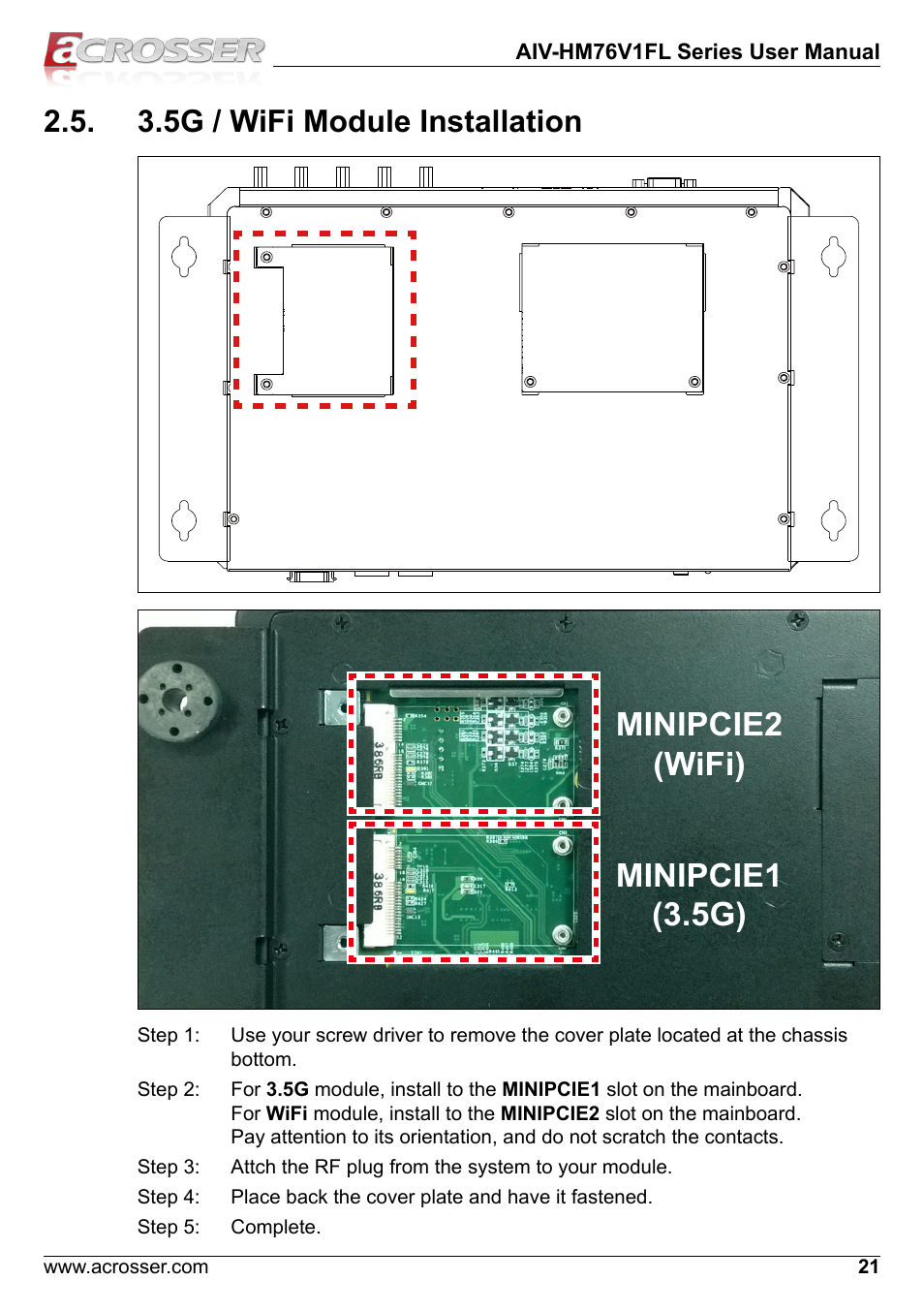 3.5g / wifi module installation, Minipcie1 (3.5g) minipcie2 (wifi) | Acrosser AIV-HM76V1FL User Manual | Page 21 / 71