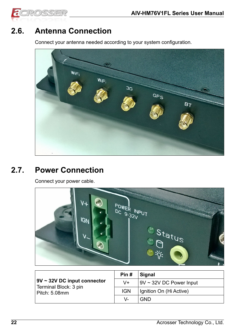 Antenna connection, Power connection, Antenna connection 2.7. power connection | Acrosser AIV-HM76V1FL User Manual | Page 22 / 71