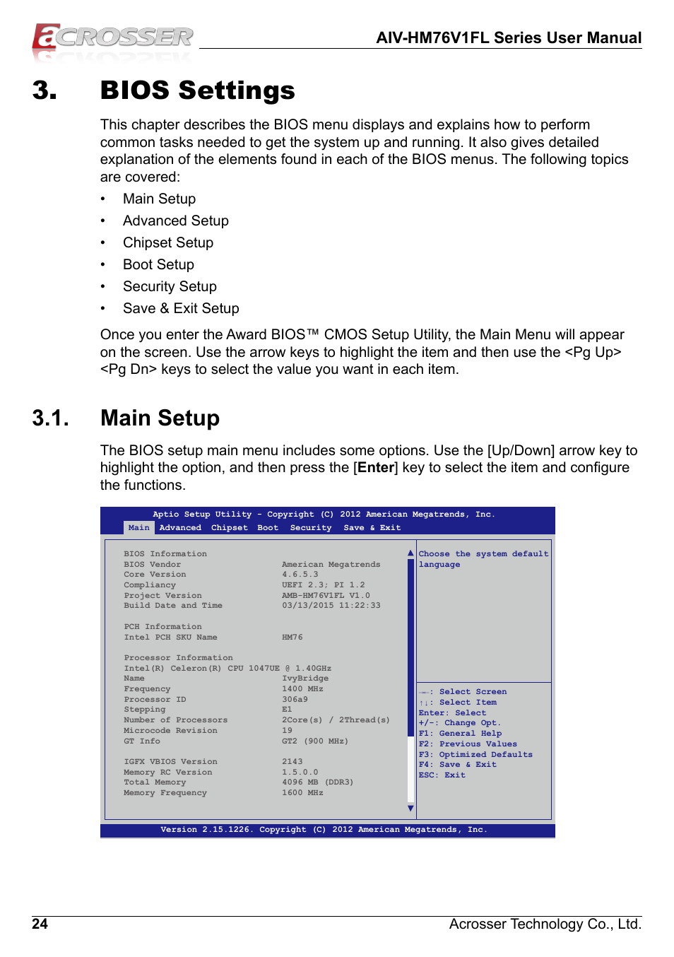 Bios settings, Main setup, Aiv-hm76v1fl series user manual | 24 acrosser technology co., ltd | Acrosser AIV-HM76V1FL User Manual | Page 24 / 71