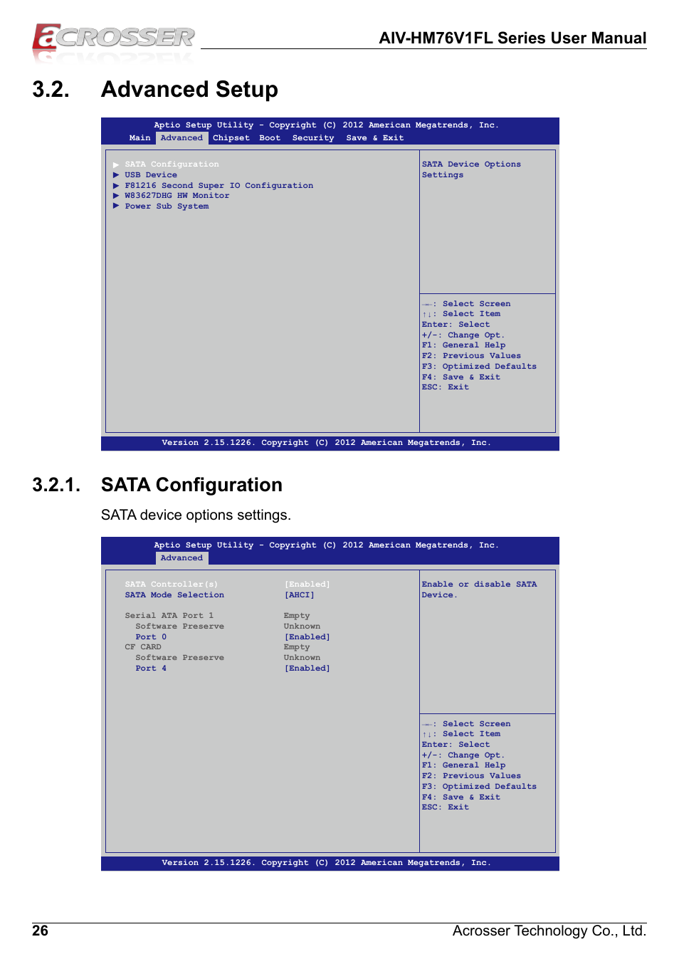 Advanced setup, Sata configuration, Aiv-hm76v1fl series user manual | 26 acrosser technology co., ltd, Sata device options settings | Acrosser AIV-HM76V1FL User Manual | Page 26 / 71