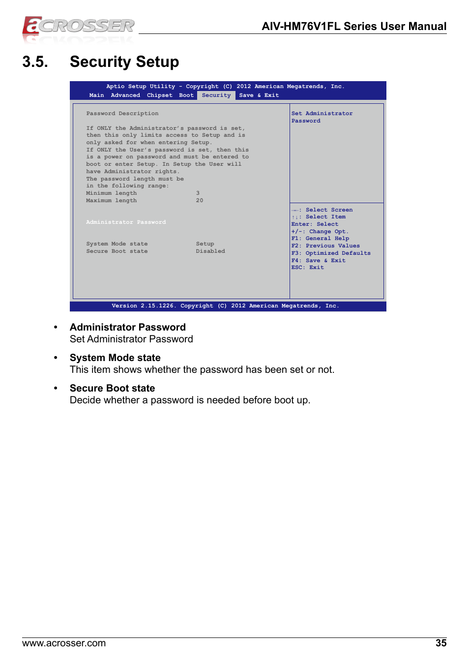 Security setup, Aiv-hm76v1fl series user manual | Acrosser AIV-HM76V1FL User Manual | Page 35 / 71