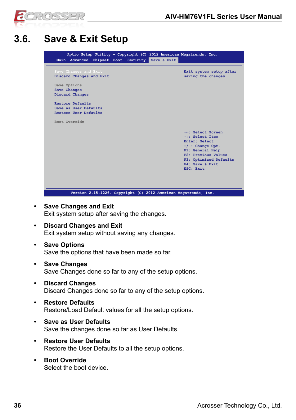 Save & exit setup, Aiv-hm76v1fl series user manual, 36 acrosser technology co., ltd | Acrosser AIV-HM76V1FL User Manual | Page 36 / 71