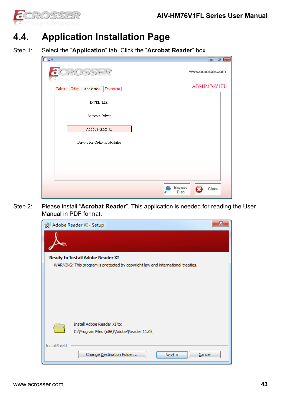 Application installation page | Acrosser AIV-HM76V1FL User Manual | Page 43 / 71