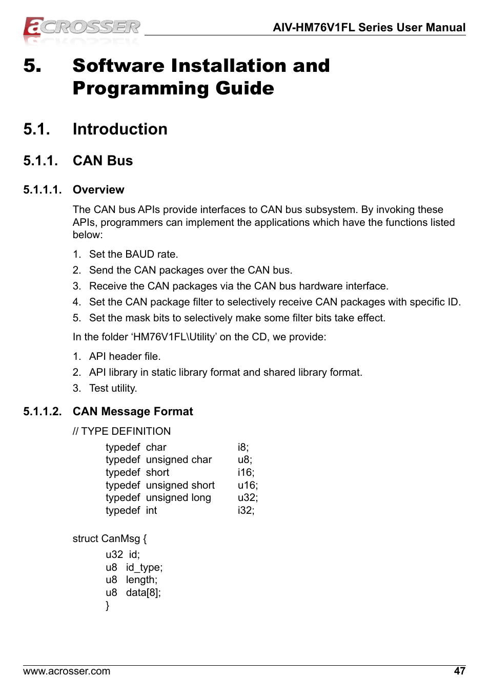 Software installation and programming guide, Introduction, Can bus | Overview, Can message format | Acrosser AIV-HM76V1FL User Manual | Page 47 / 71