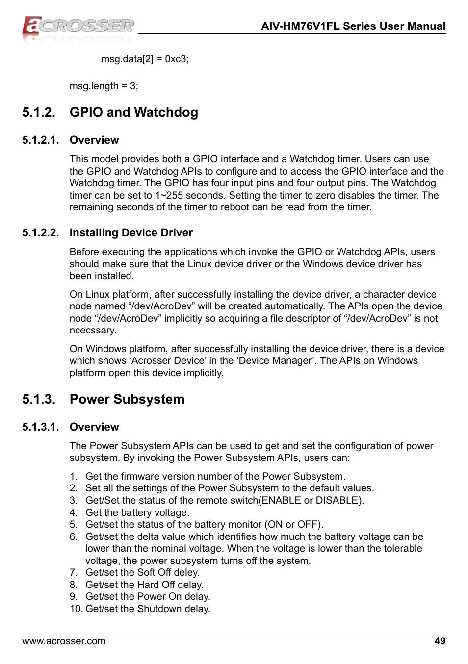 Gpio and watchdog, Overview, Installing device driver | Power subsystem | Acrosser AIV-HM76V1FL User Manual | Page 49 / 71