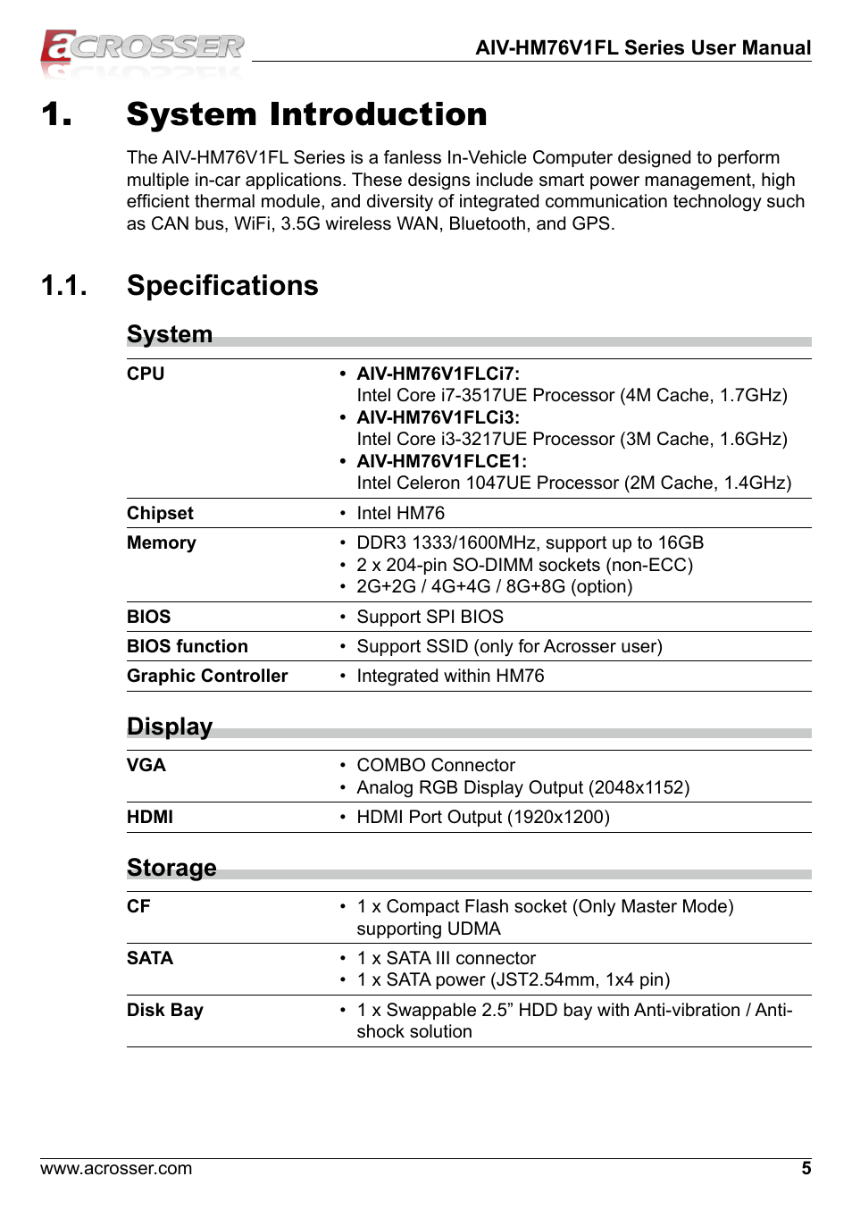 System introduction, Specifications, System | Display, Storage | Acrosser AIV-HM76V1FL User Manual | Page 5 / 71